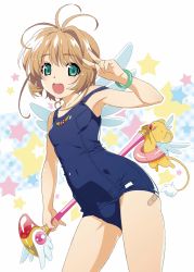 Rule 34 | 1girl, :d, bandaid, bandaid on leg, bracelet, cardcaptor sakura, covered navel, fuuin no tsue, green eyes, highres, holding, holding staff, jewelry, kero (cardcaptor sakura), kinomoto sakura, looking at viewer, one-piece swimsuit, open mouth, school swimsuit, short hair, smile, staff, swimsuit, teeth, v, watanabe akio, wings