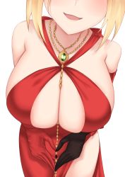 Rule 34 | 1girl, absurdres, ahoge, asymmetrical gloves, bare shoulders, black gloves, blonde hair, blush, braid, breasts, cleavage, collarbone, crimecrime, dress, fate/extra, fate (series), gloves, highres, jewelry, large breasts, leaning forward, long hair, mismatched gloves, necklace, nero claudius (fate), nero claudius (fate) (all), nero claudius (fate/extra), open mouth, out of frame, pendant, red dress, red gloves, simple background, smile, solo, thighs
