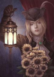 Rule 34 | 1girl, ascot, blonde hair, bloodborne, blue eyes, cape, coat, flowe, flower, gem, gloves, hat, hat feather, highres, holding, lady maria of the astral clocktower, long hair, looking at viewer, ponytail, simple background, solo, sunflower, the old hunters, tricorne, yueciel