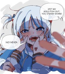 Rule 34 | 2girls, absurdres, anger vein, artist name, blue eyes, blush, english text, eyes visible through hair, female focus, finger in another&#039;s mouth, gawr gura, hair ornament, highres, hololive, hololive english, holomyth, hood, hoodie, keiseeaaa, multicolored hair, multiple girls, open mouth, pov, pov hands, sharp teeth, simple background, speech bubble, tearing up, tears, teeth, tongue, two-tone hair, virtual youtuber, watson amelia, white background, white hair