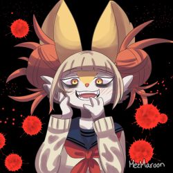 Rule 34 | 1girl, animal ear fluff, animal ears, artist name, black background, blonde hair, blood, blue sailor collar, blunt bangs, blush, boku no hero academia, braixen, clothed pokemon, cosplay, creatures (company), double bun, fangs, female focus, flat chest, fox ears, furry, furry female, game freak, gen 6 pokemon, hair bun, hands on own face, hands up, highres, jpeg artifacts, looking at viewer, mezmaroon, neckerchief, nintendo, open mouth, orange eyes, pokemon, red neckerchief, sailor collar, school uniform, serafuku, short hair, signature, simple background, smile, solo, sweater, teeth, toga himiko, toga himiko (cosplay), upper body, yellow sweater