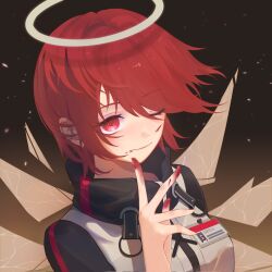 Rule 34 | 1girl, ;), arknights, blood, blood on hands, breasts, brown wings, closed mouth, detached wings, exusiai (arknights), eyes visible through hair, hair over one eye, halo, hand up, highres, jacket, kennnai616, one eye closed, red eyes, red hair, small breasts, smile, solo, upper body, white jacket, wings