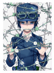 Rule 34 | 1girl, androgynous, blue eyes, blue hat, clover, collared shirt, derivative work, flower, goggles, goggles on head, grey shirt, hair between eyes, hat, kino (kino no tabi), kino no tabi, looking at viewer, mouth hold, shirt, solo, tomboy, uniform, upper body, white background, white flower