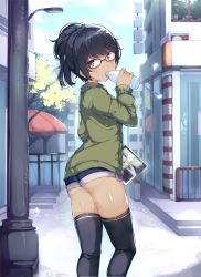 Rule 34 | 1girl, ass, black-framed eyewear, black hair, black thighhighs, blue sky, bottle, brown eyes, cd case, city, cloud, cloudy sky, day, drinking, glasses, highres, holding, holding bottle, kimoshi, lamppost, looking at viewer, looking back, original, outdoors, ponytail, shiny skin, short shorts, shorts, sky, solo, stairs, sweater, swept bangs, tablet pc, tan, thighhighs, thighs, water bottle