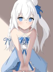Rule 34 | 1girl, absurdres, bare arms, bare shoulders, blue bow, blue dress, blue eyes, blue ribbon, bow, braid, closed mouth, commentary request, dress, hair between eyes, hair bow, hair bun, hair ribbon, highres, kuronagi (mitora uwu), long hair, looking at viewer, one side up, original, ribbon, single side bun, solo, very long hair, white hair