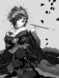 Rule 34 | 1girl, absurdres, breasts, cleavage, commentary request, detached collar, dress, fishnet pantyhose, fishnets, flower tattoo, frilled dress, frills, goth fashion, greyscale, headdress, highres, holding, holding smoking pipe, idolmaster, idolmaster shiny colors, ikaruga luca, lipstick, makeup, monochrome, nail polish, nayuta ggg, o-ring, o-ring thigh strap, off-shoulder dress, off shoulder, pantyhose, petals, rose petals, sitting, small breasts, smoking pipe, solo, tattoo, thigh strap, wide sleeves, yokozuwari