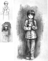 Rule 34 | 1990s (style), 1girl, abe yoshitoshi, absurdres, artbook, female focus, full body, greyscale, hair ornament, hairclip, highres, iwakura lain, monochrome, multiple views, official art, scan, serial experiments lain, standing, traditional media