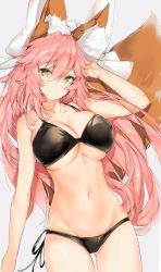 Rule 34 | 10s, 1girl, animal ear fluff, animal ears, arm up, bikini, black bikini, blush, bow, breasts, closed mouth, collarbone, cowboy shot, fate/extra, fate/grand order, fate (series), fox ears, fox tail, gluteal fold, grey background, hair between eyes, hair bow, highres, large bow, large breasts, long hair, looking at viewer, navel, pink hair, side-tie bikini bottom, silver (chenwen), simple background, smile, solo, swimsuit, tail, tamamo (fate), tamamo no mae (fate/extra), thighs, tsurime, underboob, very long hair, white bow, yellow eyes