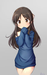 Rule 34 | 1girl, artist name, bare shoulders, basa rutan, blue sweater, blush, bow, brown bow, brown eyes, brown hair, closed mouth, collarbone, cowboy shot, dress, frown, grey background, hair bow, head tilt, idolmaster, idolmaster cinderella girls, long hair, long sleeves, looking at viewer, off shoulder, sidelocks, simple background, sleeves past wrists, solo, sweater, sweater dress, tachibana arisu, v-shaped eyebrows