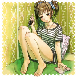 Rule 34 | 1girl, bad id, bad pixiv id, barefoot, book, brown eyes, brown hair, cellphone, earbuds, earphones, feet, frills, legs, lips, noratokage (carnaroli), original, panties, phone, pillow, shirt, short hair, sitting, smartphone, solo, striped clothes, striped shirt, toes, twintails, underwear