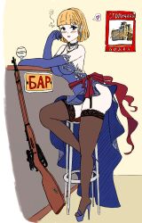 Rule 34 | 1girl, absurdres, alcohol, ass, bar (place), bell, blonde hair, blue dress, blue gloves, blunt bangs, blush, bob cut, bolt action, breasts, collar, dress, earrings, elbow gloves, evening gown, female focus, full body, garter straps, girls&#039; frontline, glass, gloves, gun, heart, heart-shaped pupils, high heels, highres, jewelry, lace, lace-trimmed legwear, lace trim, large breasts, looking at viewer, mosin-nagant, mosin-nagant (girls&#039; frontline), mosin-nagant (moonlit ocean) (girls&#039; frontline), necklace, open mouth, rifle, sash, scope, stolichnaya (vodka), stool, symbol-shaped pupils, thighhighs, waze, weapon