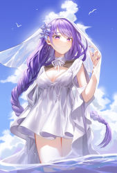 Rule 34 | 1girl, absurdres, bird, blue flower, blue sky, blush, braid, breasts, cleavage, closed mouth, clothing cutout, cloud, cowboy shot, day, detached collar, dress, floating hair, flower, from below, frown, genshin impact, hair flower, hair ornament, hand up, highres, long hair, looking at viewer, looking down, low-braided long hair, low-tied long hair, mole, mole under eye, nail polish, neck ribbon, outdoors, purple eyes, purple flower, purple hair, purple nails, raiden shogun, raki kr, ribbon, seagull, see-through, short dress, sky, solo, standing, swept bangs, train (clothing), veil lift, very long hair, wading, water, white dress, white ribbon, wide sleeves