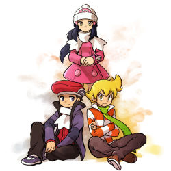 Rule 34 | 1girl, 2boys, beanie, black pants, blonde hair, boat, brown footwear, commentary request, creatures (company), crossed arms, lucas (pokemon), dress, full body, game freak, green scarf, hat, hk (nt), long hair, looking at viewer, multiple boys, nintendo, pants, barry (pokemon), pink dress, dawn (pokemon), pokemon, pokemon adventures, poketch, purple eyes, purple footwear, scarf, shoes, simple background, sitting, standing, watch, watercraft, white background, white headwear, white scarf, winter clothes, wristwatch, yellow eyes