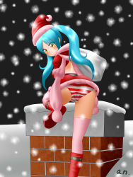 Rule 34 | 1girl, andrew sutoga, aqua hair, ass, bag, blush, boots, breasts, cameltoe, christmas, dress, from behind, hat, highres, king&#039;s raid, long hair, looking at viewer, panties, santa costume, scarf, smile, snow, solo, sonia (king&#039;s raid), striped clothes, striped panties, thighhighs, twintails, underwear, upskirt, yellow eyes