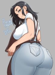Rule 34 | 1girl, 2021, agawa ryou, ass, breasts, brown eyes, brown hair, commentary, dated, denim, english commentary, grey background, huge ass, jeans, large breasts, long hair, looking at viewer, looking back, original, pants, simple background, smile, solo, thick thighs, thighs