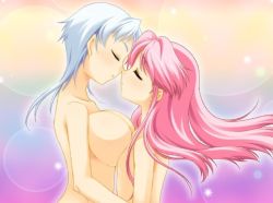 Rule 34 | 1boy, 1girl, androgynous, breast on chest, breast press, breasts, closed eyes, game cg, hetero, imminent kiss, kenbishi seika, large breasts, nude, ooyama rui, oto puri, pink hair, trap, white hair