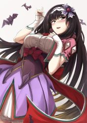 Rule 34 | 1girl, akita hika, bad id, bad twitter id, bat (animal), black hair, blush, breasts, brown hair, commentary request, corset, fate/grand order, fate (series), from below, gradient hair, hairband, highres, hood, hoodie, large breasts, long hair, looking at viewer, low twintails, multicolored hair, origami, osakabehime (fate), purple eyes, purple skirt, skirt, smile, solo, twintails, very long hair