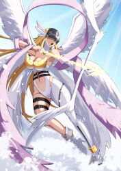 Rule 34 | 1girl, absurdres, angewomon, asymmetrical clothes, belt, blonde hair, bodysuit, boots, breasts, cleavage, covered eyes, digimon, digimon adventure, elbow gloves, energy arrow, energy weapon, feathered wings, gloves, head wings, helmet, high heel boots, high heels, highres, kotatsu (nukunuku), large breasts, long hair, multiple belts, multiple wings, single elbow glove, single pantsleg, skin tight, smile, solo, thick thighs, thigh strap, thighs, white bodysuit, white gloves, white wings, wings, wrist wings