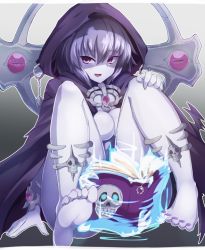 Rule 34 | 1girl, barefoot, blush, book, breasts, cape, celtic cross, cleavage, colored skin, convenient censoring, cross, feet, female focus, full body, gradient background, grey background, grey hair, grey skin, grimoire, hair between eyes, highres, hood, hooded cape, jewelry, lich (monster girl encyclopedia), looking at viewer, monster girl, monster girl encyclopedia, nail polish, naked cape, open book, open mouth, purple eyes, short hair, simple background, sitting, skull, smile, soles, solo, toes, torn cape, torn clothes, undead, yonaga san