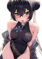 Rule 34 | 1girl, arms behind back, bare shoulders, black dress, black hair, blue archive, breasts, butterfly hair ornament, china dress, chinese clothes, collarbone, covered erect nipples, covered navel, double bun, dress, grey eyes, groin, hair bun, hair ornament, halo, highres, kisaki (blue archive), looking at viewer, medium breasts, off shoulder, open mouth, pelvic curtain, saliva, stone (ksorede), taut clothes, taut dress, thighs, tongue, tongue out, twintails, wide hips