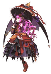 Rule 34 | arm warmers, awii, bat wings, black legwear, blunt bangs, cryptract, dress, flower, frilled dress, frilled umbrella, frills, full body, hair flower, hair ornament, head wings, holding, holding umbrella, long hair, over shoulder, pink hair, pointy ears, red eyes, red footwear, ririannu, rose, shoes, smile, solo, standing, umbrella, vampire, white background, wings