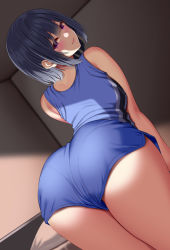 Rule 34 | 1girl, arched back, ass, bare arms, bare shoulders, blue hair, blush, closed mouth, commentary request, from behind, huyumitsu, indoors, looking at viewer, looking back, mole, mole under eye, original, purple eyes, short hair, smile, solo, thighs
