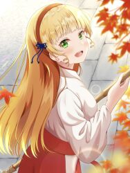 Rule 34 | 1girl, autumn leaves, blonde hair, blush, broom, commentary request, hair ornament, hakama, hakama skirt, headband, heanna sumire, highres, holding, holding broom, japanese clothes, kimono, leaf, long hair, looking at viewer, love live!, love live! superstar!!, miko, miko day, open mouth, outdoors, red hakama, red headband, red skirt, sa07 drawing, skirt, smile, solo, white kimono, yellow eyes