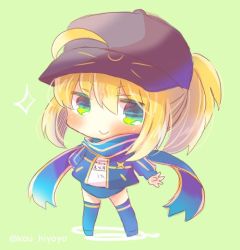Rule 34 | &gt;:), 10s, 1girl, artoria pendragon (fate), baseball cap, black hat, blonde hair, blue buruma, blue jacket, blue scarf, blue thighhighs, blush, buruma, chibi, fate/extella, fate/extra, fate/grand order, fate (series), full body, green background, green eyes, gym shirt, gym uniform, hair through headwear, hand on own hip, hat, jacket, kou hiyoyo, long hair, long sleeves, looking at viewer, mysterious heroine x (fate), name tag, open clothes, open jacket, ponytail, rojiura satsuki: chapter heroine sanctuary, scarf, shirt, sidelocks, smile, solo, sparkle, standing, thighhighs, track jacket, twitter username, v-shaped eyebrows, white shirt