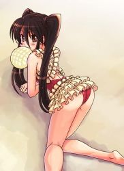 Rule 34 | 00s, 1girl, all fours, ass, barefoot, black hair, bread, brown eyes, casual one-piece swimsuit, food, hamoto, long hair, looking up, melon bread, mouth hold, non-web source, one-piece swimsuit, shakugan no shana, shana, solo, swimsuit, twintails