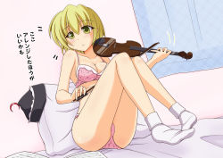 Rule 34 | 1girl, beamed eighth notes, beamed sixteenth notes, bed sheet, bedroom, black hat, blonde hair, blush, bobby socks, bra, breasts, cleavage, collarbone, commentary request, crotch seam, curtains, eighth note, half note, hat, highres, holding, holding instrument, holding violin, hugging object, indoors, instrument, kurenaidahlia, lace, lace-trimmed bra, lace-trimmed panties, lace trim, legs, light blush, looking at viewer, lunasa prismriver, medium breasts, motion lines, musical note, on bed, panties, parted lips, partial commentary, pillow, pillow hug, pink bra, pink panties, print bra, print panties, sheet music, short hair, sitting, socks, solo, touhou, translated, underwear, underwear only, unworn hat, unworn headwear, violin, white socks, yellow eyes