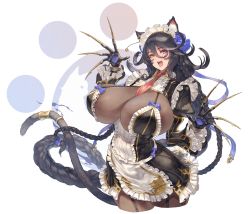 Rule 34 | 1girl, absurdly long hair, animal ears, animal hands, apron, black hair, blue flower, blue rose, braid, braided ponytail, breasts, cat ears, cat girl, cat tail, claws, cleavage, commentary request, flower, frills, garter straps, gigantic breasts, gloves, hair flower, hair ornament, hair ribbon, heterochromia, highres, huge breasts, last origin, long hair, looking at viewer, maid, maid apron, maid headdress, mole, mole on breast, mole under mouth, necktie, open mouth, orange eyes, paw gloves, paw print, poi (last origin), purple eyes, purple ribbon, ribbon, rose, see-through, solo, tail, tail ornament, tail ring, tsunekun, twin braids, very long hair, white background