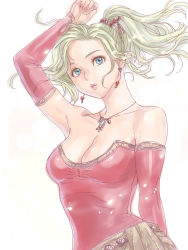 Rule 34 | 1girl, alternate breast size, blue eyes, breasts, cleavage, earrings, final fantasy, final fantasy vi, green hair, highres, jewelry, large breasts, looking at viewer, medium hair, necklace, ponytail, simple background, solo, tina branford, white background, yuccoshi