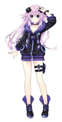 Rule 34 | 10s, 1girl, absurdres, adult neptune, boots, bracelet, collar, collarbone, d-pad, full body, hair ornament, highres, hood, hooded track jacket, jacket, jewelry, long hair, looking at viewer, neptune (neptunia), neptune (series), official art, purple eyes, purple hair, shin jigen game neptune vii, smile, solo, standing, straight-on, thigh strap, track jacket, transparent background, tsunako, v, vector trace