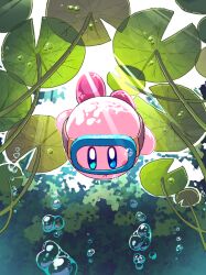 Rule 34 | air bubble, blue eyes, blush, blush stickers, bubble, closed mouth, diving, diving mask, full body, goggles, holding breath, kirby, kirby (series), light rays, lily pad, mutekyan, nintendo, no humans, submerged, sunlight, swimming, underwater