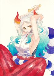 Rule 34 | 1girl, aqua hair, breasts, commentary request, hair ornament, hakama, hand in own hair, highres, holding, holding hair ornament, horns, japanese clothes, kimono, large breasts, looking to the side, multicolored hair, one piece, painting (medium), ponytail, red hakama, red horns, rope, shimenawa, sideboob, simple background, sleeveless, sleeveless kimono, solo, traditional media, two-tone hair, v-shaped eyebrows, watercolor (medium), white background, white hair, white kimono, yachiy0, yamato (one piece), yellow eyes