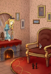 Rule 34 | 1girl, alice (alice in wonderland), alice in wonderland, arm support, armchair, blonde hair, blue eyes, bow, bowtie, chair, chess piece, dome, fire, fireplace, flower, flower ornament, framed, frilled sleeves, frills, glass, hair bow, highres, indoors, kneeling, long hair, mary (14476764), mirror, mirrored, painting (object), picture frame, puffy sleeves, reflection, room, skirt, skirt set, solo, vase, wallpaper (object), watch, wide sleeves