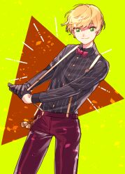 Rule 34 | 1boy, blonde hair, closed mouth, dankira!!!, geta (epicure no12), green eyes, highres, long sleeves, looking at viewer, male focus, miki nozomu, mole, mole under eye, multicolored background, orange background, pants, short hair, smile, solo, suspenders, yellow background