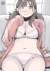 Rule 34 | 1girl, blush, bra, breasts, brown eyes, brown hair, couch, curvy, dated, hadashi no kenji, hand up, highres, indoors, jacket, large breasts, long hair, long sleeves, navel, on couch, open clothes, open jacket, original, panties, sitting, sleeves past wrists, track jacket, underwear, white bra, white panties, window