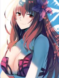 Rule 34 | 1girl, bad id, bad twitter id, bikini, breasts, cleavage, commentary request, fate/grand order, fate (series), flower, hair flower, hair intakes, hair ornament, hibiscus, highres, large breasts, looking at viewer, nicky w, pink bikini, purple bikini, purple hair, red eyes, scathach (fate), scathach (fate), scathach (swimsuit assassin) (fate), shade, solo, swimsuit