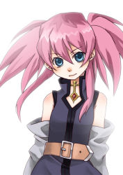 Rule 34 | 00s, bad id, bad pixiv id, belt, blue hair, blush, detached sleeves, flat chest, kaida michi, long hair, pink hair, presea combatir, solo, tales of (series), tales of symphonia, white background