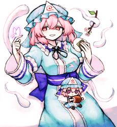 Rule 34 | 1girl, absurdres, blue hat, blue kimono, branch, breasts, bug, butterfly, butterfly on hand, commentary, food, fumo (doll), ghost, hat, highres, holding, holding food, insect, japanese clothes, kimono, large breasts, long sleeves, looking at viewer, mob cap, natucurage, onigiri, pink hair, saigyouji yuyuko, sash, short hair, simple background, smile, solo, touhou, triangular headpiece, twitter username, white background