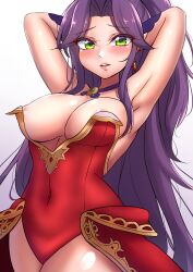 Rule 34 | 1girl, absurdres, angela (seiken densetsu 3), areola slip, armpits, arms behind head, breasts, covered navel, earrings, green eyes, highres, jewelry, large breasts, leotard, long hair, looking at viewer, mistynight, navel, necklace, open mouth, purple hair, red leotard, seiken densetsu, seiken densetsu 3, square enix, seiken densetsu 3