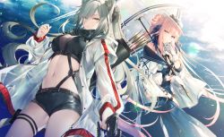 Rule 34 | 2girls, animal ears, arknights, arrow (projectile), bare shoulders, belt, black shirt, black shorts, blue dress, blue feathers, breasts, cat ears, ceylon (arknights), cloud, coat, contrail, crop top, dress, feather hair, feathers, floating hair, gloves, grey hair, hair bun, hat, highres, holding, jacket, large breasts, long hair, long sleeves, looking at viewer, midriff, multiple girls, navel, off-shoulder coat, off shoulder, open clothes, open jacket, parted lips, pink hair, ponytail, pouch, quiver, schwarz (arknights), see-through, shirt, short shorts, shorts, single hair bun, sky, sleeveless, sleeveless shirt, smile, stomach, strap, sun hat, thigh strap, thighs, toosaka asagi, umbrella, very long hair, white coat, white gloves, white headwear, white jacket, yellow eyes
