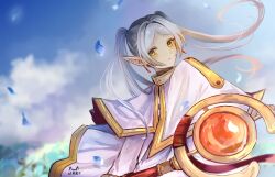 Rule 34 | 1girl, closed mouth, dress, earrings, elf, frieren, highres, holding, holding staff, jewelry, legitrebelrose, looking at viewer, pointy ears, solo, sousou no frieren, staff, twintails, white dress, white hair