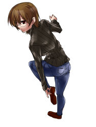 Rule 34 | 1girl, ass, breasts, brown eyes, brown hair, denim, full body, glasses, jeans, original, pants, ribbed sweater, shoes, short hair, simple background, solo, sweater, tokita monta, white background