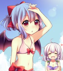 Rule 34 | 2girls, :o, ^ ^, absurdres, ahoge, alternate costume, arm up, bat wings, bikini, blue bikini, blue hair, blue sky, blush, bow, braid, breasts, cleavage, closed eyes, cloud, collarbone, commentary request, eyelashes, fingernails, green ribbon, hair bow, hair ribbon, half updo, heart, highres, izayoi sakuya, m/, medium breasts, multiple girls, navel, open mouth, outdoors, own hands clasped, own hands together, red bow, red eyes, remilia scarlet, ribbon, ruhika, sidelocks, silver hair, sky, small breasts, standing, stomach, sweatdrop, swimsuit, touhou, tress ribbon, twin braids, wings