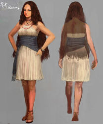 Rule 34 | 1girl, artist request, bare shoulders, blue eyes, bracelet, brown hair, character name, closed mouth, concept art, criss-cross halter, curly hair, dragon&#039;s dogma, dragon&#039;s dogma (series), dress, grey background, halterneck, hands on own hips, jewelry, long hair, looking at viewer, multiple views, necklace, official art, quina (dragon&#039;s dogma), sandals, sash, smile, standing, very long hair, white dress, wristband