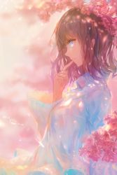 Rule 34 | 1girl, arm at side, blue eyes, blue shirt, blurry, blurry background, breasts, brown hair, cherry blossoms, closed mouth, collared shirt, dappled sunlight, dated, day, eyelashes, finger to mouth, from side, half-closed eye, highres, kisei2, light particles, lips, long hair, long sleeves, looking afar, looking away, medium breasts, original, outdoors, profile, shirt, solo, spring (season), sunlight, tsurime, uneven eyes, upper body, wavy hair, wide sleeves, wing collar