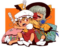 Rule 34 | 2girls, arm up, ascot, between legs, blonde hair, bobby socks, buttons, child, controller, fangs, female focus, flandre scarlet, game controller, grey hair, hair over eyes, hat, komeiji koishi, long sleeves, multiple girls, onikobe rin, open mouth, pillow, playing games, red eyes, short hair, side ponytail, simple background, sitting, skirt, skirt set, sleeves past wrists, sock pull, socks, third eye, touhou, wii remote, wings