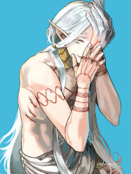 1boy animal_hands arm_tattoo blue_background chest_tattoo claws dungeon_meshi edo_mond_(edoedoedomond) elf green_eyes grey_hair hand_on_own_face hand_tattoo highres long_hair looking_to_the_side low_twintails lycion male_focus navel notched_ear pointy_ears simple_background skirt smile solo tattoo topless_male transformation twintails werewolf wolf_paws